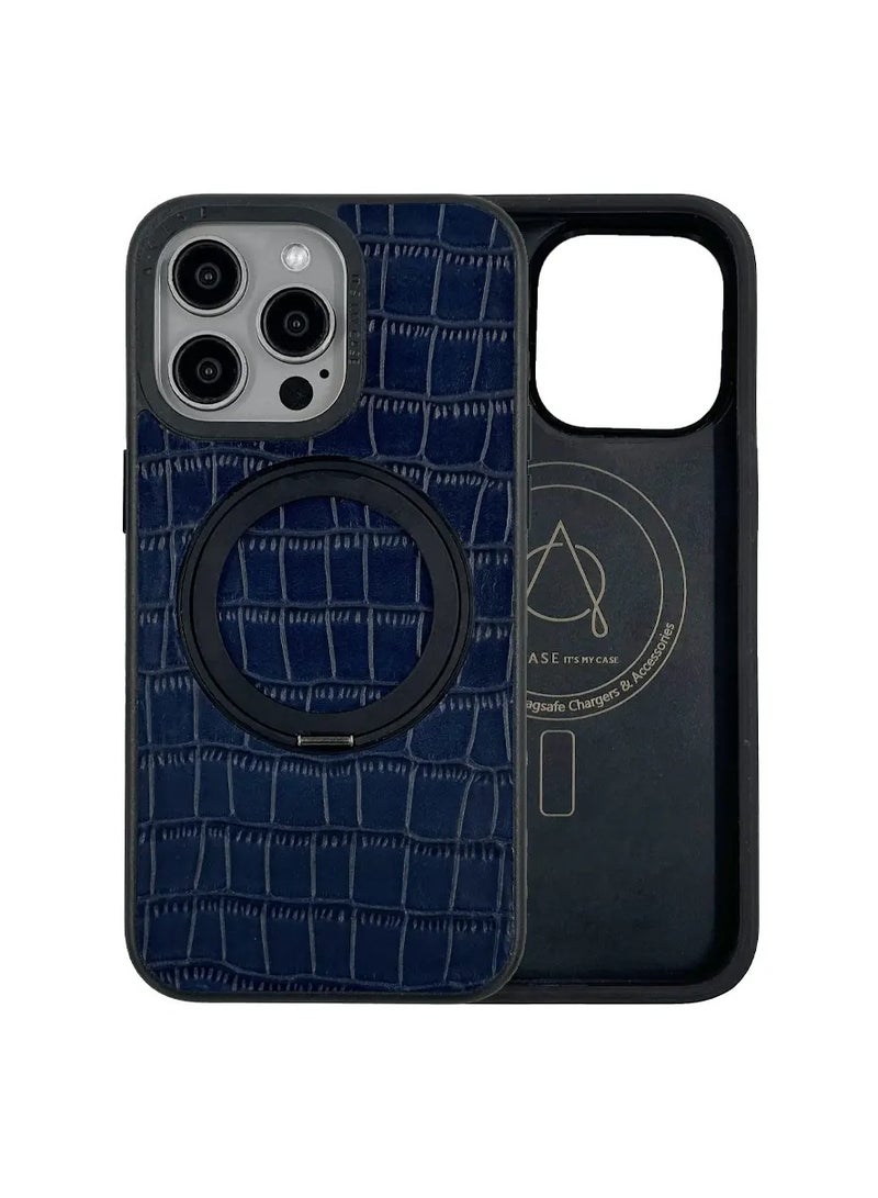 A-CASE Javan Pro Series Genuine Leather Hard PC cover material Compatible with iPhone 15 Pro Max Kickstand foldable holder - Blue  - Image 1