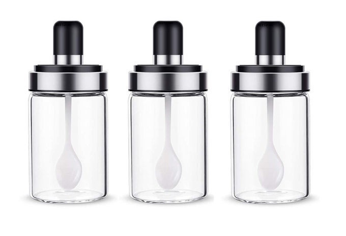 HIGH BOROSILICATE GLASS SPICE JAR SEASONNING BOX CONDIMENT JAR WITH SPOON AND LID 3PS SET SPOON JAR