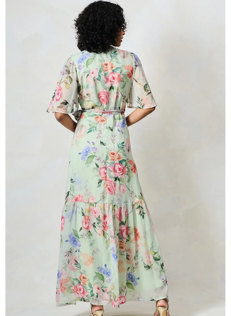 هوب اند ايفي فستان ماكسي ملفوف بأكمام فراشة وربطة خصر