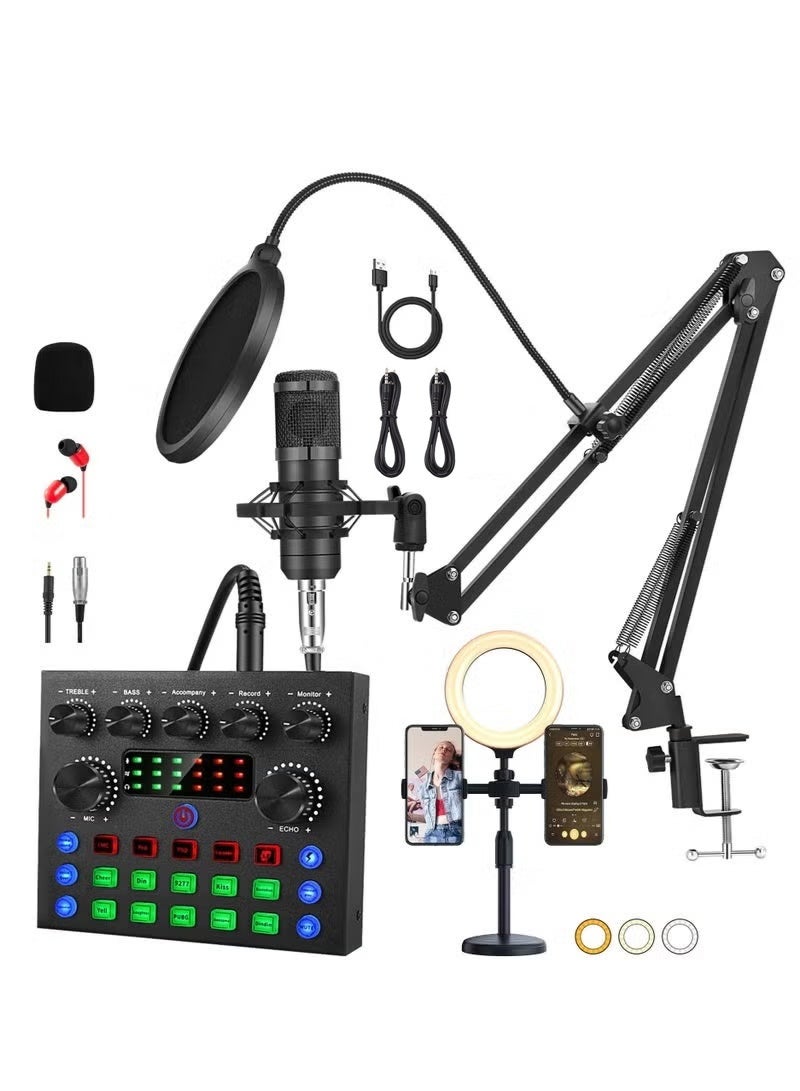 Podcast Equipment Bundle with Ring Light and Phone Holder, BM-800 Podcast Microphone Bundle with V8S Voice Changer, Condenser Microphone Recording Studio Package for Podcasting Streaming Recording