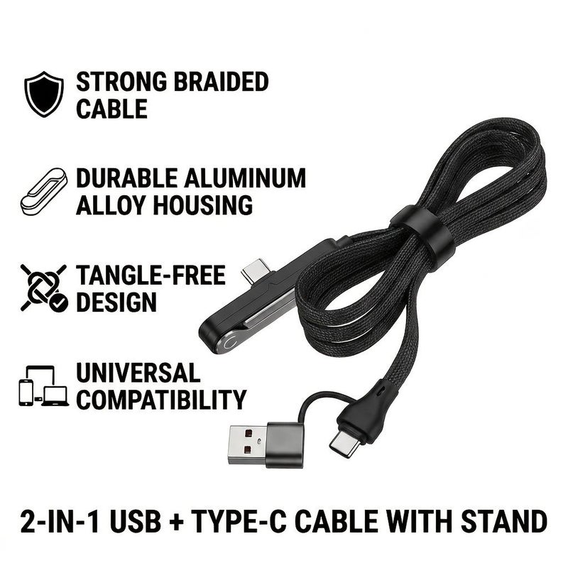 Orange 59.06 Inch 2 In 1 Type C Cable With Rotatable Phone Stand L Shape - Image 1