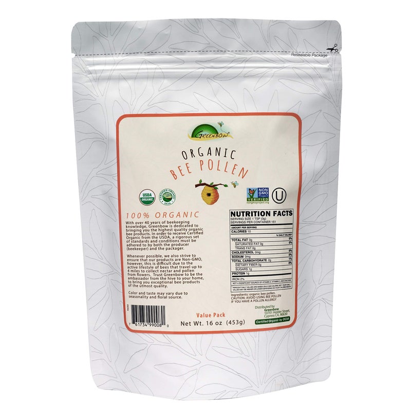 Greenbow Organic Bee Pollen - 100% USDA Certified Organic, Non-GMO, Halal, Kosher Certified, Pure & Natural Bee Pollen - Superfood Packed with Proteins, Vitamins & Minerals - Gluten Free â€“ 16oz (453g) - Image 1