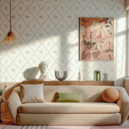 Hopepak Modern Peel and Stick Wallpaper Stripe Floral Wallpaper 17" x 78.7" Pink White Flower Bow Contact Paper Self Adhesive Removable Wall Paper Vinyl for Bedroom Bathroom Cabinets Wall Decor - Image 2