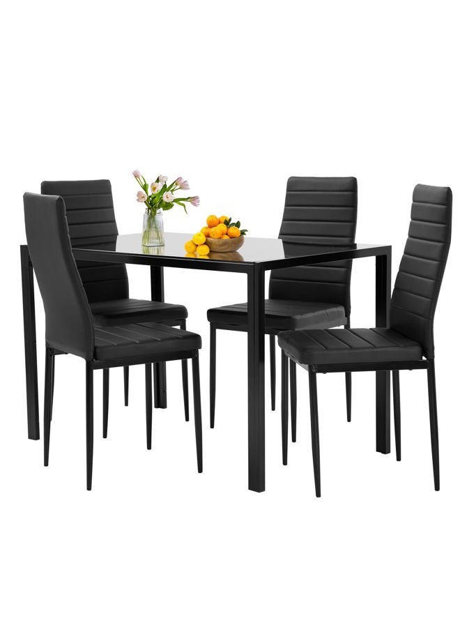 FDW Dining Table Set for 4 | 5-Piece Glass Black Dining Table | Kitchen Table with 4 Upholstered Chairs and Faux Leather Cushions | Space-Saving and Modern Design | for Dining Room, Easy to Assemble - Image 1
