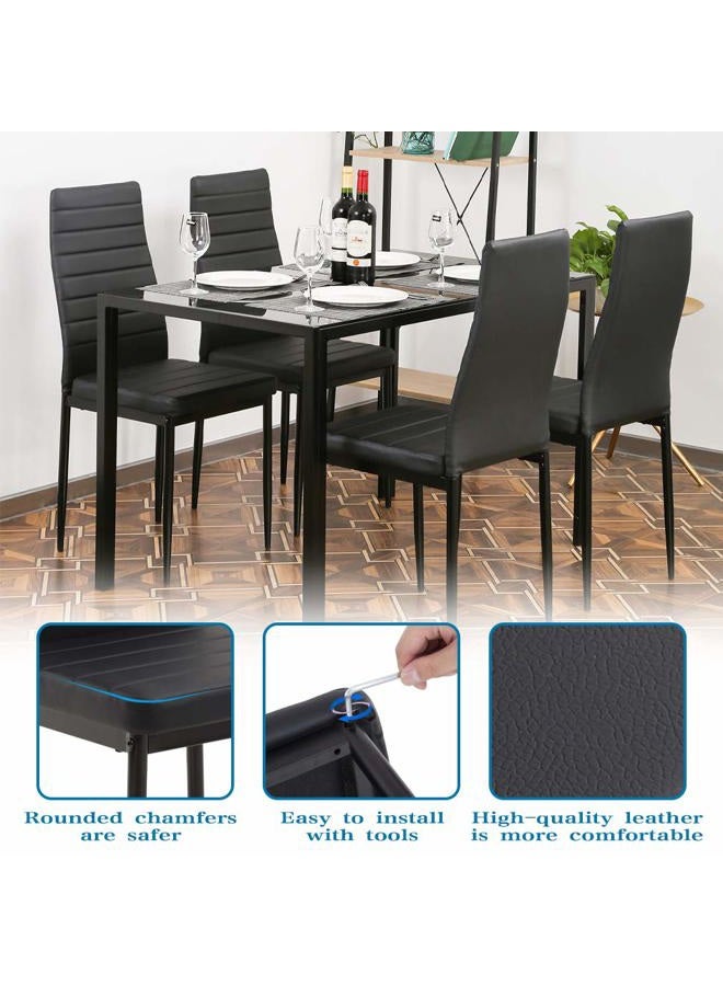 FDW Dining Table Set for 4 | 5-Piece Glass Black Dining Table | Kitchen Table with 4 Upholstered Chairs and Faux Leather Cushions | Space-Saving and Modern Design | for Dining Room, Easy to Assemble - Image 4