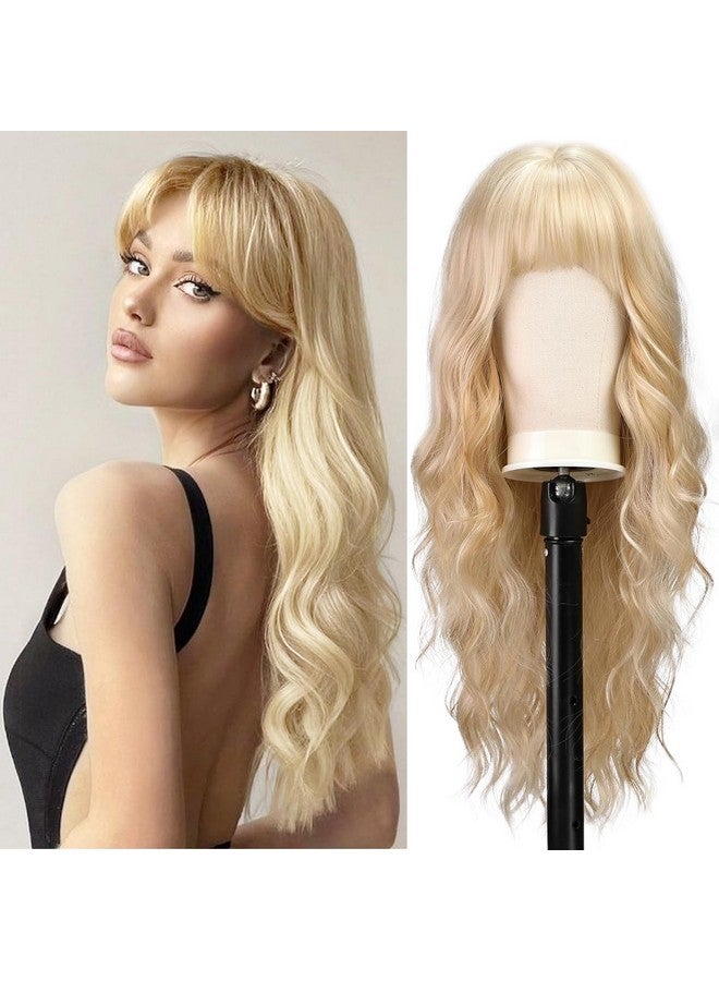 بارسدار باروكة شعر أشقر طويل مع غرة من بارسدار - باروكة شعر مموجة بطول 26 بوصة مع غرة للنساء - باروكة شعر أشقر صناعي بمظهر طبيعي للاستخدام اليومي لحفلات التنكر والهالوين - أشقر - Image 1