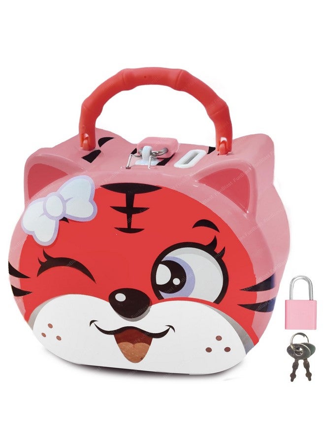 FunBlast Tiger Coin Box for Kids - Cute Cartoon Design Piggy Bank with Lock & Key, Money Saving Metal Coin Bank, Gullak for Kids, Birthday Return Gifts for Kids (Pink) - Image 1