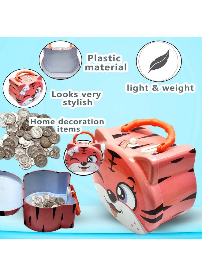 FunBlast Tiger Coin Box for Kids - Cute Cartoon Design Piggy Bank with Lock & Key, Money Saving Metal Coin Bank, Gullak for Kids, Birthday Return Gifts for Kids (Pink) - Image 3