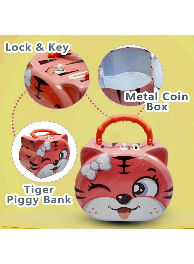 FunBlast Tiger Coin Box for Kids - Cute Cartoon Design Piggy Bank with Lock & Key, Money Saving Metal Coin Bank, Gullak for Kids, Birthday Return Gifts for Kids (Pink) - Image 5