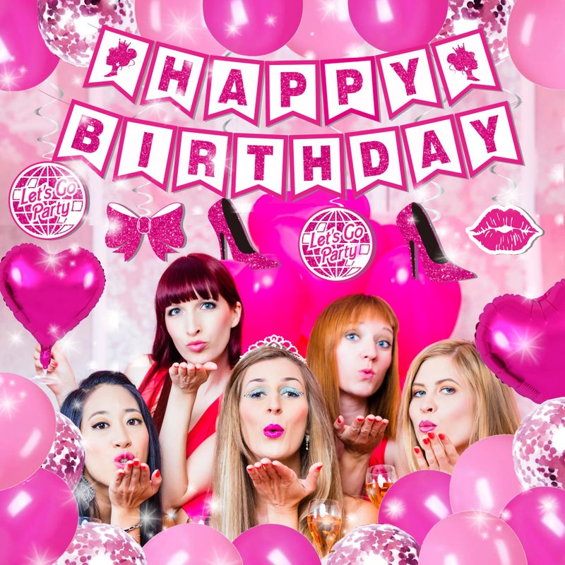 jenlion Hot Pink Birthday Party Decorations for Women Girls,Happy Birthday Banner,Hanging Swirl,Foil balloons,Party Supplies Decor for 10th 13th 16th 18th 21st - Image 4