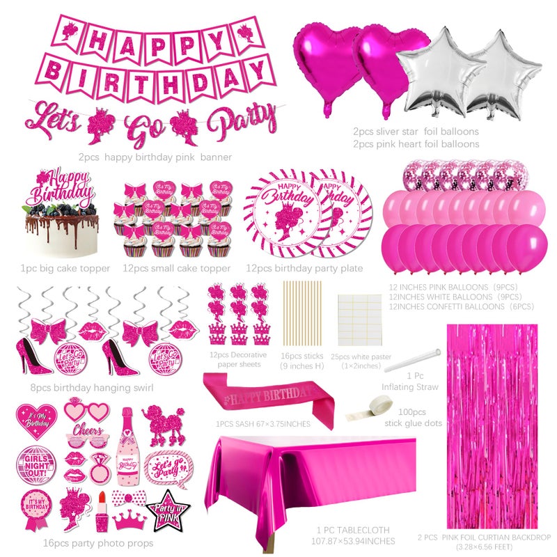 jenlion Hot Pink Birthday Party Decorations for Women Girls,Happy Birthday Banner,Hanging Swirl,Foil balloons,Party Supplies Decor for 10th 13th 16th 18th 21st - Image 2