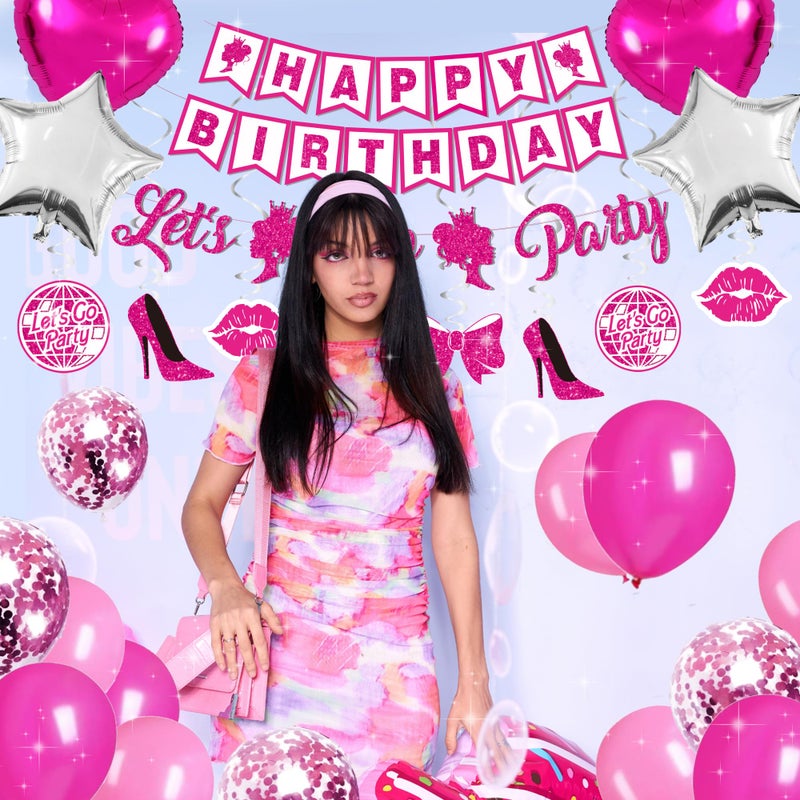 jenlion Hot Pink Birthday Party Decorations for Women Girls,Happy Birthday Banner,Hanging Swirl,Foil balloons,Party Supplies Decor for 10th 13th 16th 18th 21st - Image 5