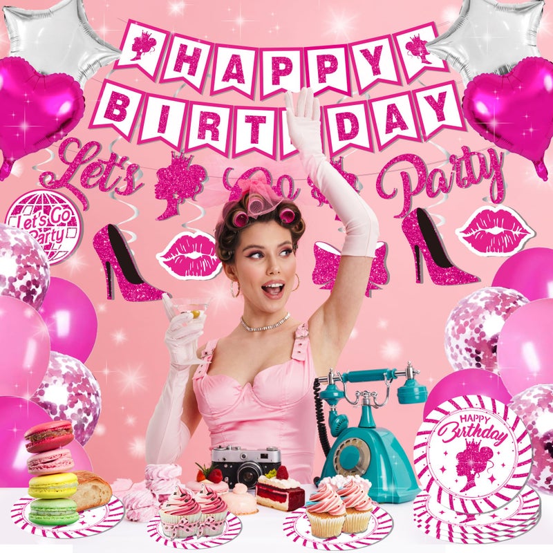 jenlion Hot Pink Birthday Party Decorations for Women Girls,Happy Birthday Banner,Hanging Swirl,Foil balloons,Party Supplies Decor for 10th 13th 16th 18th 21st - Image 3