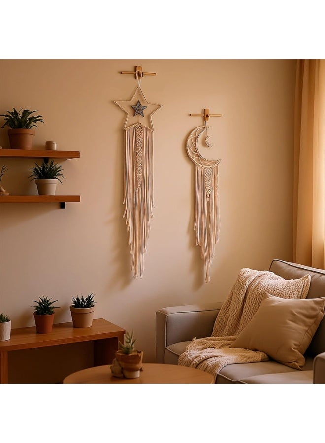 هومستر طقم حالم مكون من قطعتين لزينة الحائط على شكل قمر ونجوم، معلقات مكرامية لغرفة الأطفال والبنات والديكور البوهيمي للمنزل - Image 5