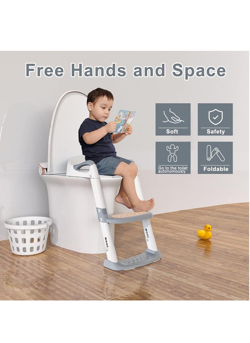 Toilet Potty Training Seat with Step Stool Ladder,  Potty Training Toilet for Kids Boys Girls Toddlers-Comfortable Safe Potty Seat with Anti-Sli (Grey)
