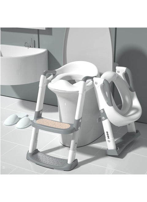 Toilet Potty Training Seat with Step Stool Ladder,  Potty Training Toilet for Kids Boys Girls Toddlers-Comfortable Safe Potty Seat with Anti-Sli (Grey)