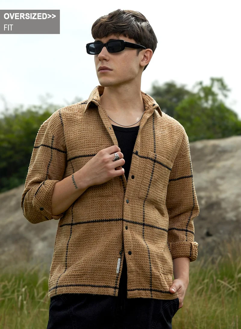 Campus Sutra Men's Ash Brown Graph-Check Waffle Overshirt