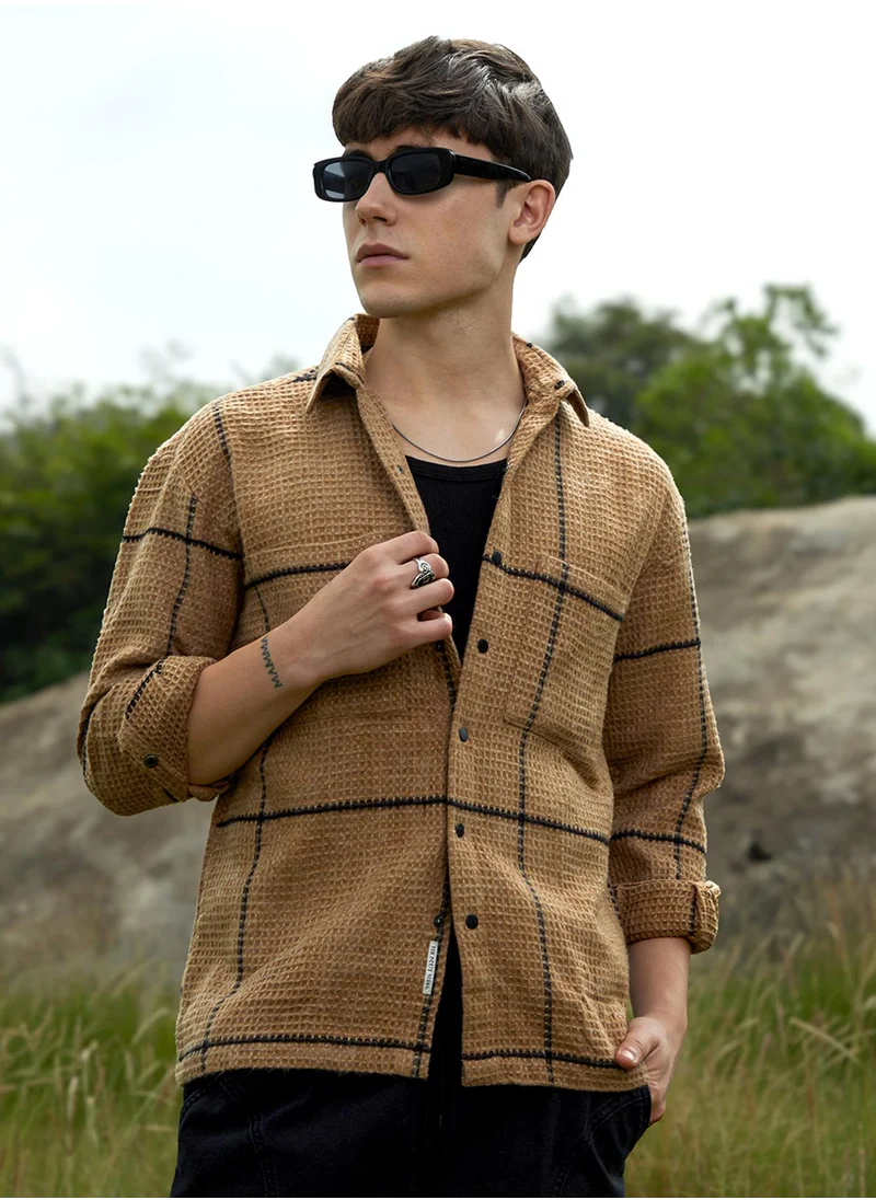 Campus Sutra Men's Ash Brown Graph-Check Waffle Overshirt