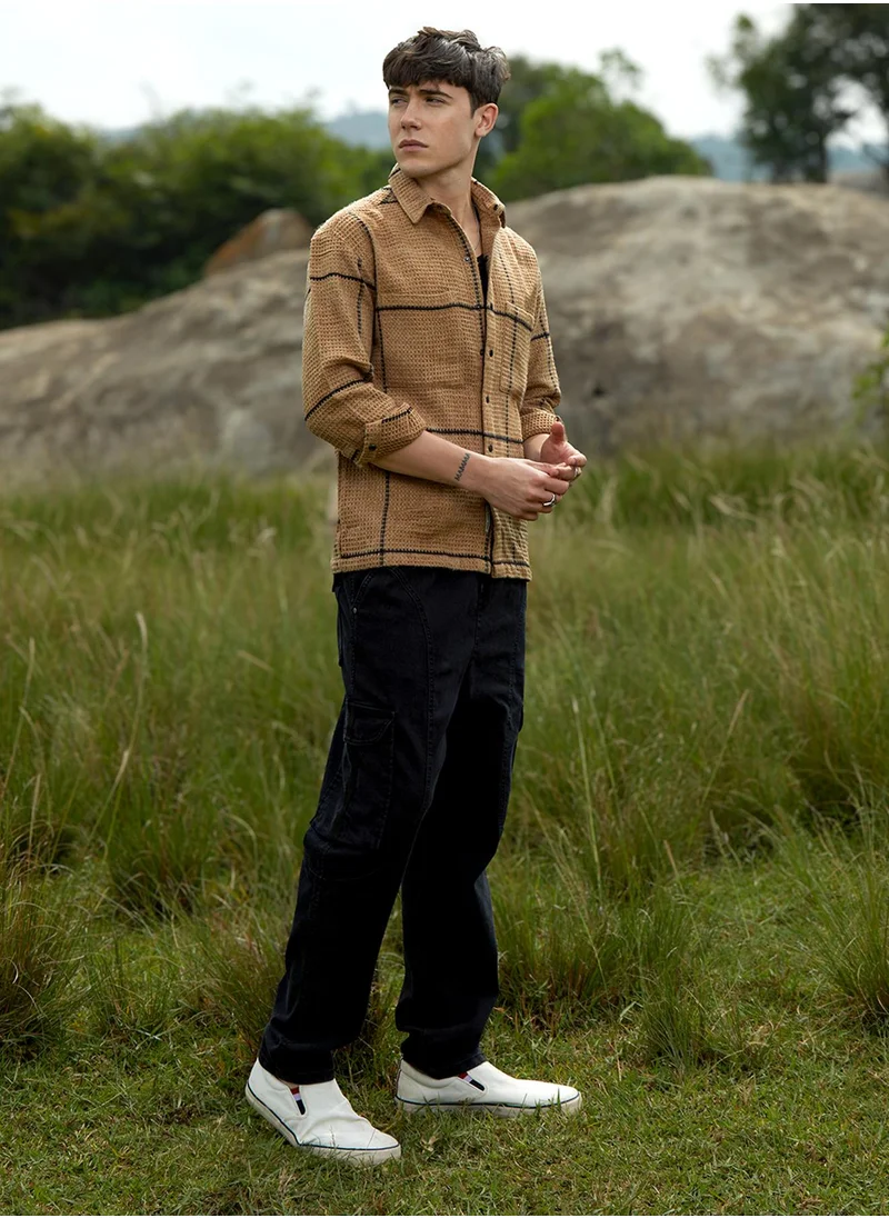 Campus Sutra Men's Ash Brown Graph-Check Waffle Overshirt