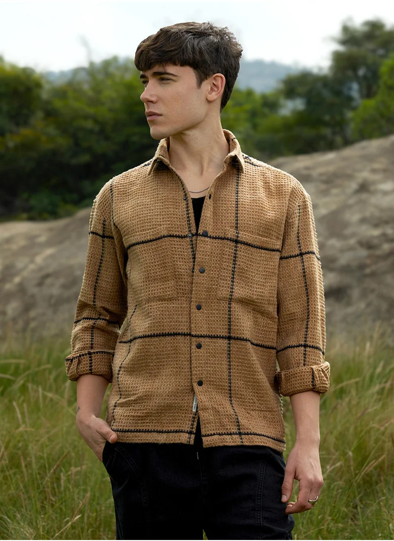 Campus Sutra Men's Ash Brown Graph-Check Waffle Overshirt