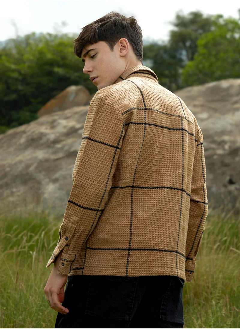 Campus Sutra Men's Ash Brown Graph-Check Waffle Overshirt
