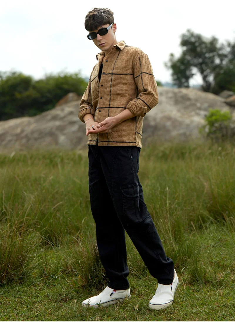 Campus Sutra Men's Ash Brown Graph-Check Waffle Overshirt