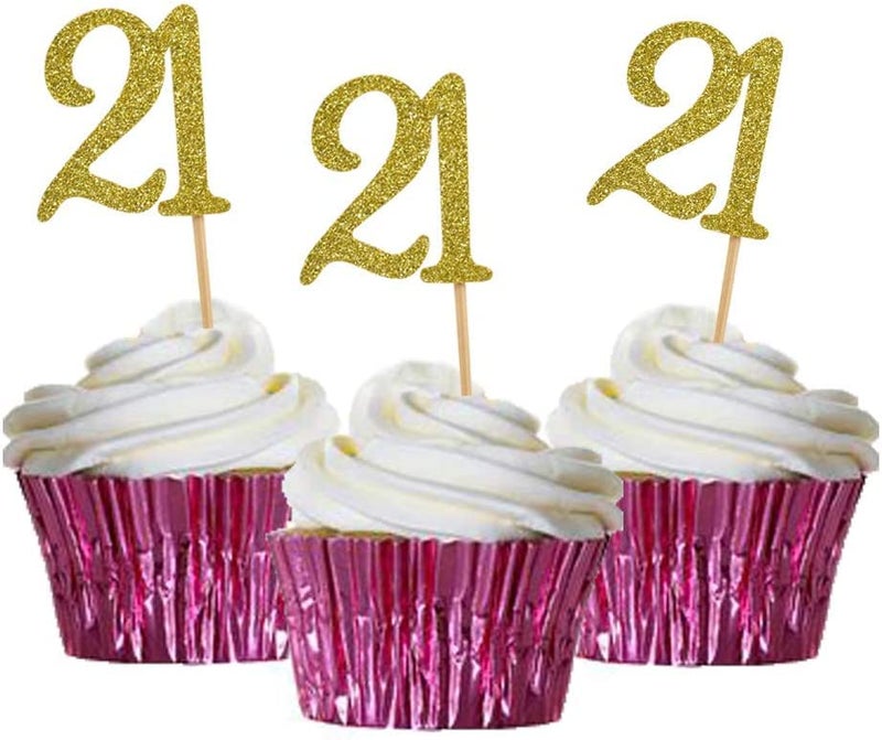 HOKPA 21st Birthday Cupcake Toppers Gold Glitter Number 21 Adult Ceremony Birthday Celebrating Anniversary Party Decoration 24PCS - Image 1