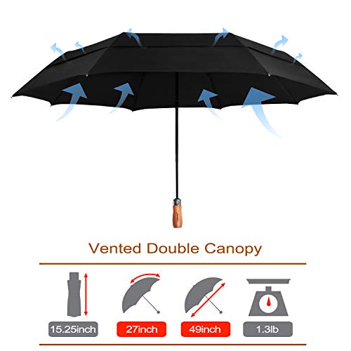 Lejorain 54inch Large Umbrella Auto Open Close with Folding Golf Size and 210T Dupont Teflon Coated Vented Windproof Double Canopy for Women Men&Black - Image 2