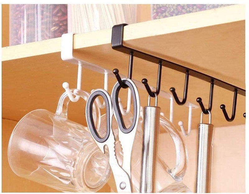 GLOWICK GLOWICK 6 Hooks Hanger Wall Under Shelf Cabinet Rack for Clothes Hanging Wine Glass Keys Coffee Mug Cup Holder Rack Organizer Stand Bathroom Kitchen Storage Rack 2 White  - Image 4