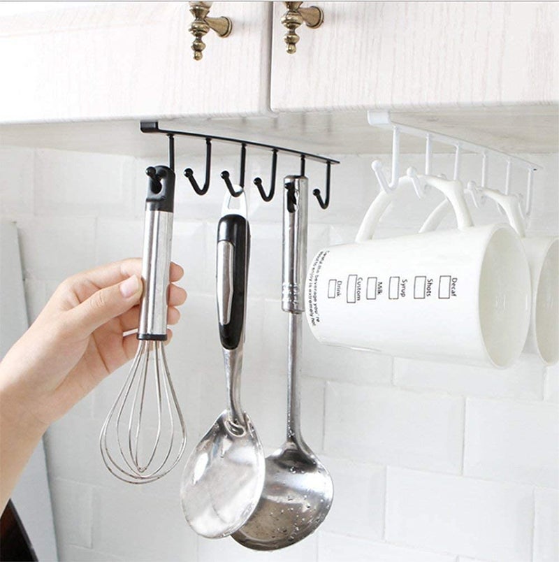 GLOWICK GLOWICK 6 Hooks Hanger Wall Under Shelf Cabinet Rack for Clothes Hanging Wine Glass Keys Coffee Mug Cup Holder Rack Organizer Stand Bathroom Kitchen Storage Rack 2 White  - Image 2