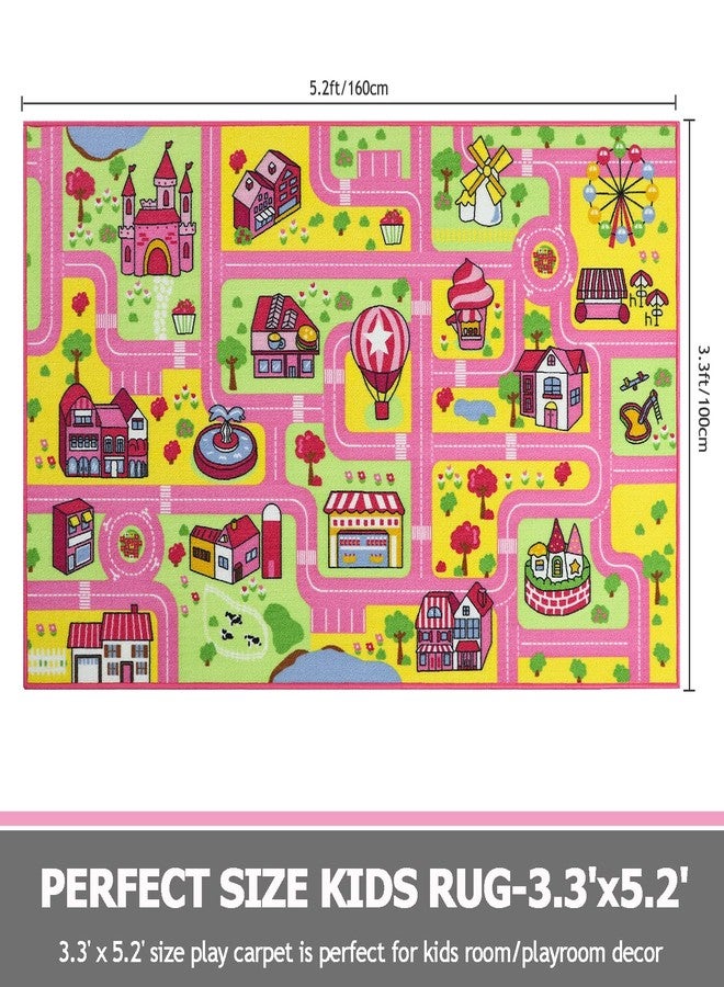 Capslpad Kid Rug for Playroom Pink Play Rug Traffic Road Car Play Mat 5.2x3.3 ft Educational Learning Area Rug Washable Kids Carpet for Children Girls Bedroom,Playroom,Nursery Room Decor - Image 2