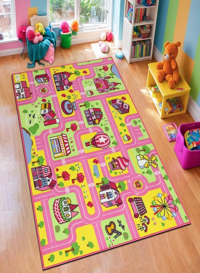 Capslpad Kid Rug for Playroom Pink Play Rug Traffic Road Car Play Mat 5.2x3.3 ft Educational Learning Area Rug Washable Kids Carpet for Children Girls Bedroom,Playroom,Nursery Room Decor - Image 1