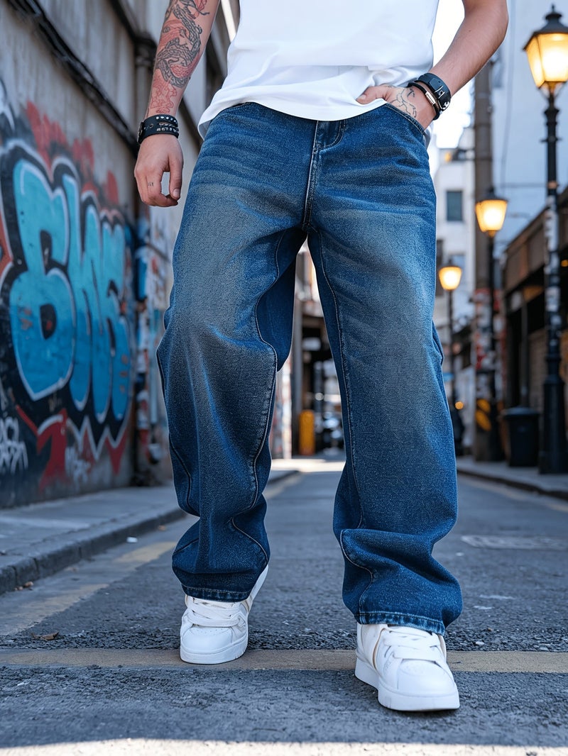Men's Loose Fit Straight-Leg Jeans - Non-Stretch Casual Pants, Classic Five-Pocket Design, All-Season Everyday & Formal Wear for Streetwear, Office, Parties - Adult Men's Jeans, Office Attir - Image 2