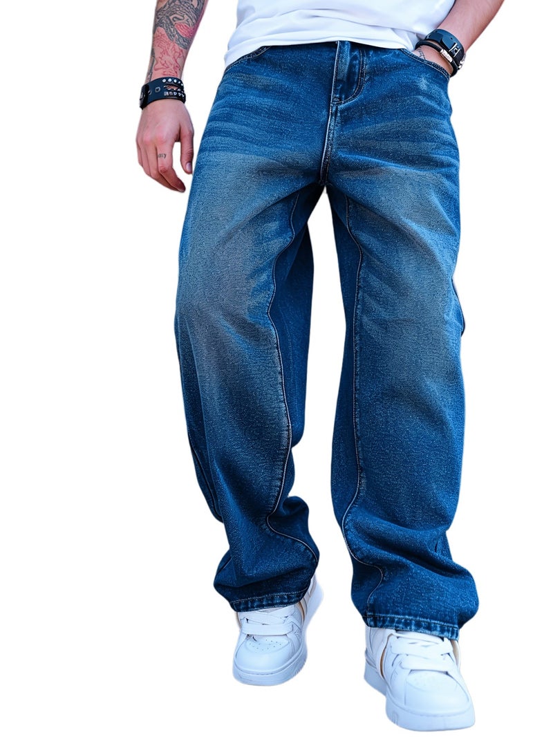 Men's Loose Fit Straight-Leg Jeans - Non-Stretch Casual Pants, Classic Five-Pocket Design, All-Season Everyday & Formal Wear for Streetwear, Office, Parties - Adult Men's Jeans, Office Attir - Image 1
