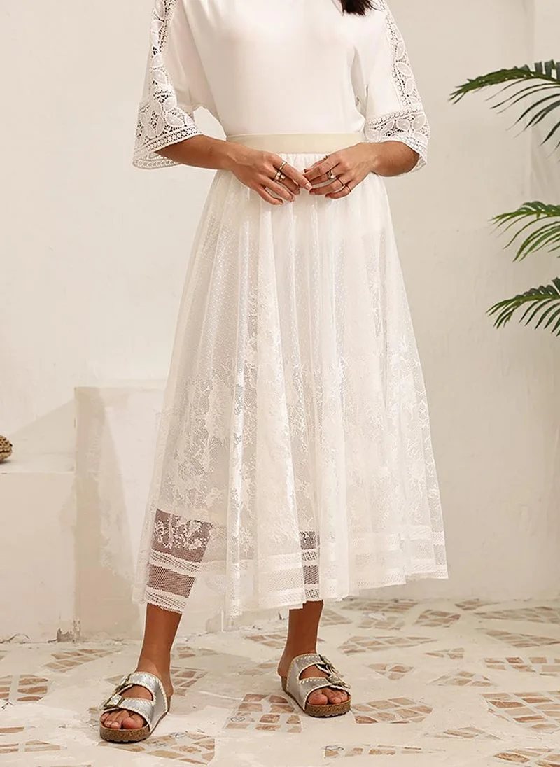 YUNIQEE Off White Self Design Flared Midi LengthFloral Print Skirts