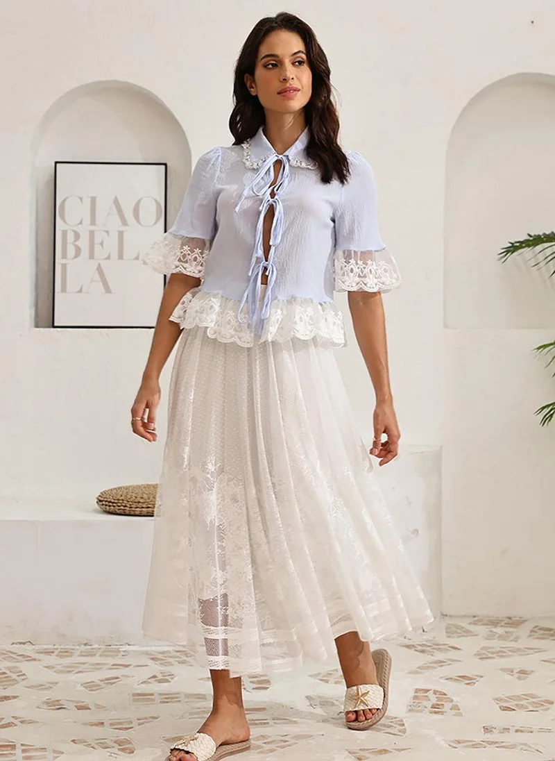 YUNIQEE Off White Self Design Flared Midi LengthFloral Print Skirts