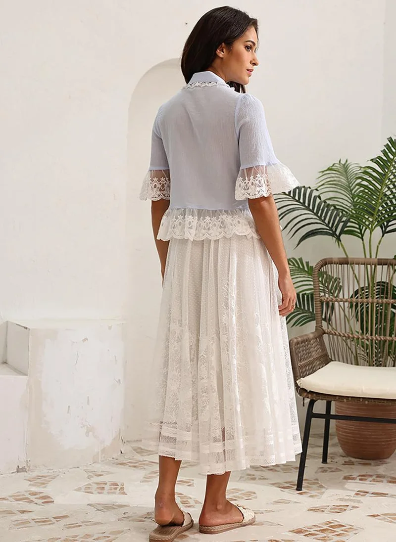 يونيكي Off White Self Design Flared Midi LengthFloral Print Skirts