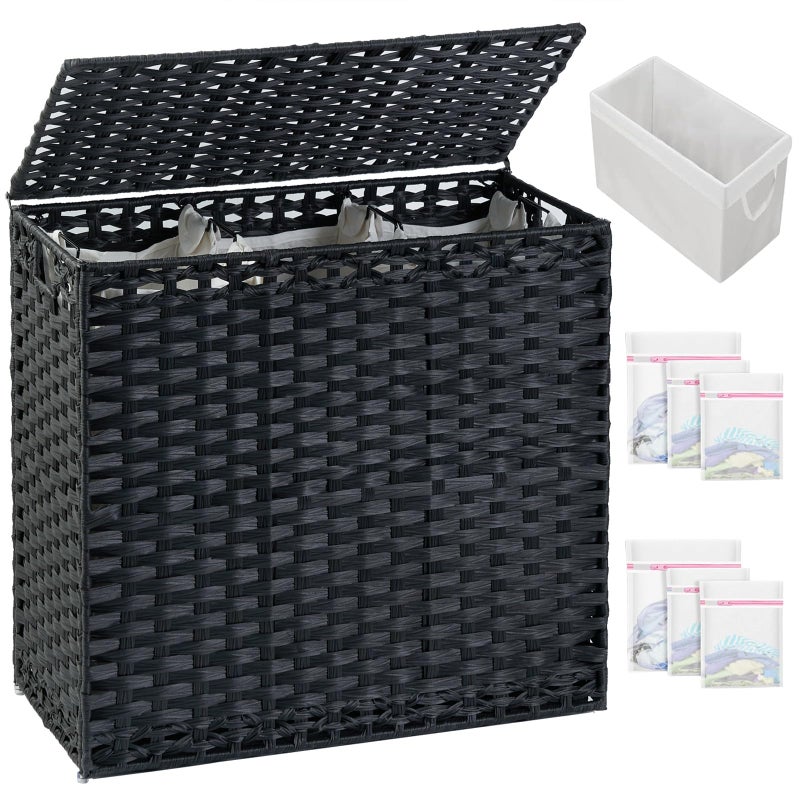 SETVSON Laundry Hamper with Lid Laundry Basket 132 L (35 Gal) Wicker Clothes Hamper, Handwoven Rattan Hamper with Handles and 4 Removable Liner Bags, 6 Mesh Bags for Laundry Bedroom Black - Image 1