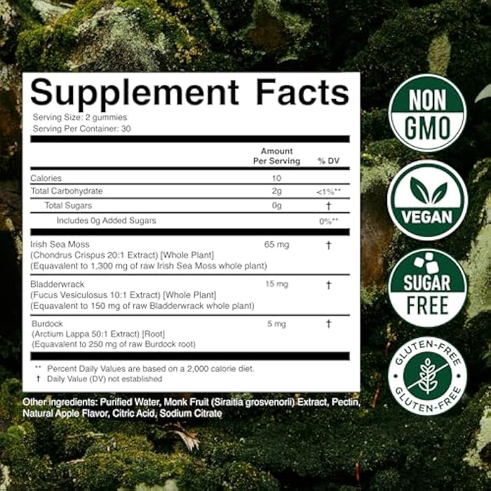 Secret Element Sea Moss Gummies with Bladderwrack & Burdock Root – 65 mg Sea Moss per Serving for Women and Men, Vegan, Sugar Free, Non-GMO, Apple Flavor, 60 Gummies (30 Servings) - Image 5