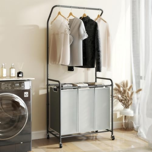 ROMOON Laundry Sorter Hamper with Hanging Bar, 3 Section Rolling Laundry Cart with Clothes Rack & Heavy-Duty Lockable Wheels, Divided Laundry Basket Organizer for Apartment & Small Spaces ((130L Grey) - Image 1