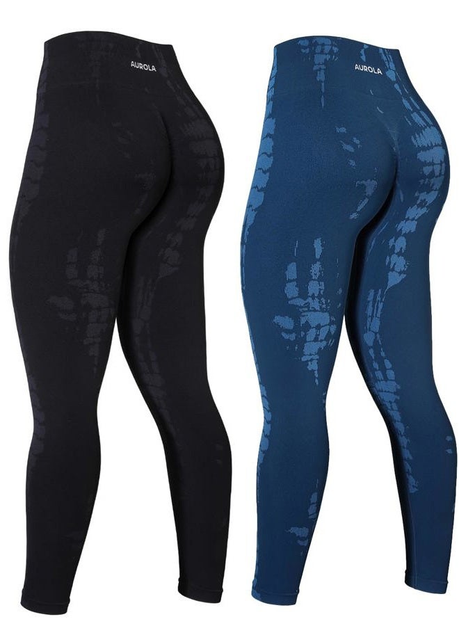 AUROLA Serpent 2 Pieces Pack Set Seamless Scrunch Workout Leggings for Women Active Gym Pants,Pack (Black + Water Blue),S - Image 1