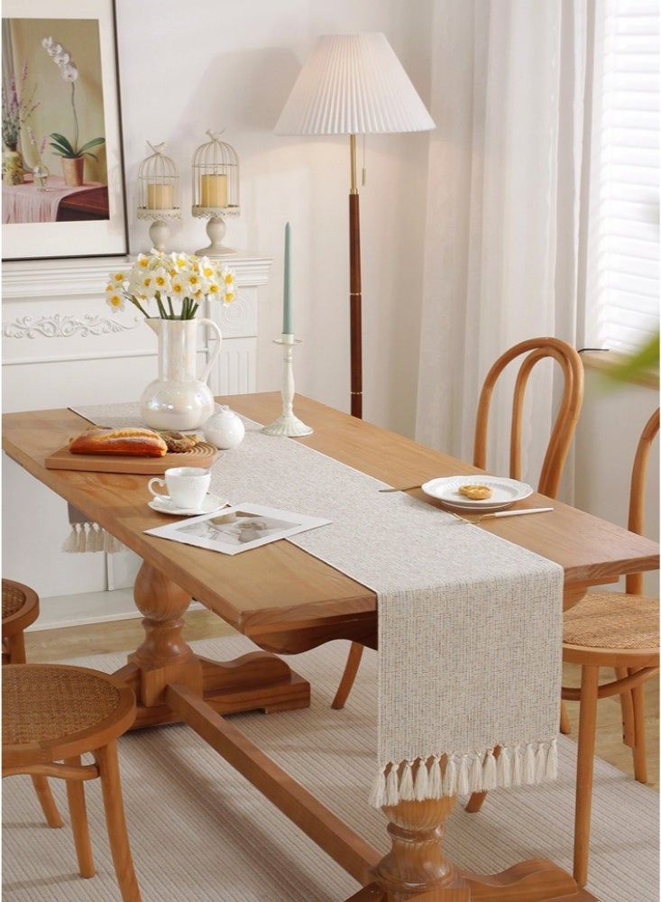 مفرش طاولة ريفي مقاس 33×275 سم مع شرابات، مفرش طاولة من الكتان بتصميم مزرعة بوهو، مفرش طاولة قهوة لحفلات العطلات وعيد الشكر وديكور الطعام وديكور الخزانة، لون سادة (بيج) - Image 1