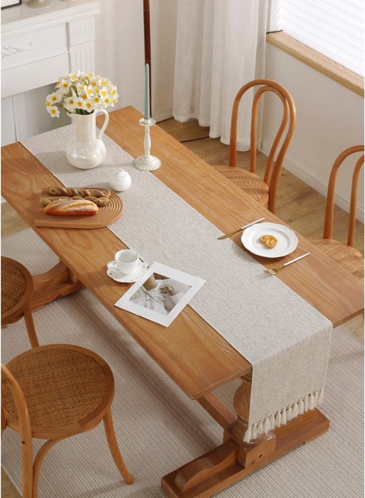 مفرش طاولة ريفي مقاس 33×275 سم مع شرابات، مفرش طاولة من الكتان بتصميم مزرعة بوهو، مفرش طاولة قهوة لحفلات العطلات وعيد الشكر وديكور الطعام وديكور الخزانة، لون سادة (بيج) - Image 2