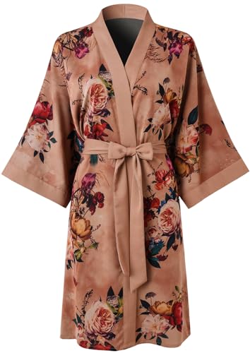 Ledamon Women's Kimono Short Robe for Women - Pocket Floral Bathrobe Nightgown (Champagne) - Image 1