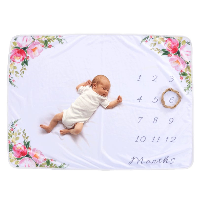 Baby Milestone Blanket 12 Month Floral Deer-Horn Design - Soft Premium Material Monthly Milestone Blanket for Newborn Photo Shoots Baby Shower Expecting Mothers - Image 1