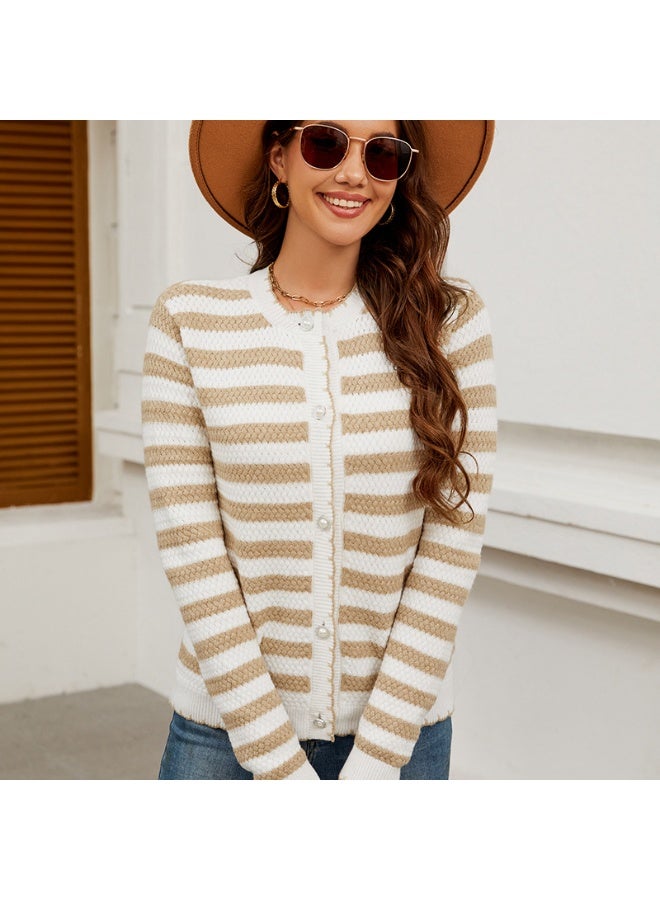 NIBEMINENT Autumn Long Sleeved Sweater Cardigan Women's Round Neck Pullover Casual Loose Striped Lazy Style Sweater Jacket - Image 1
