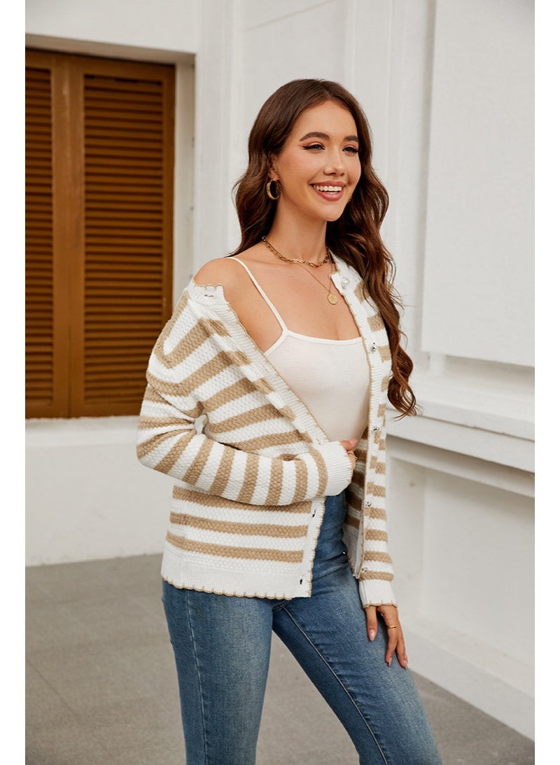 NIBEMINENT Autumn Long Sleeved Sweater Cardigan Women's Round Neck Pullover Casual Loose Striped Lazy Style Sweater Jacket - Image 2
