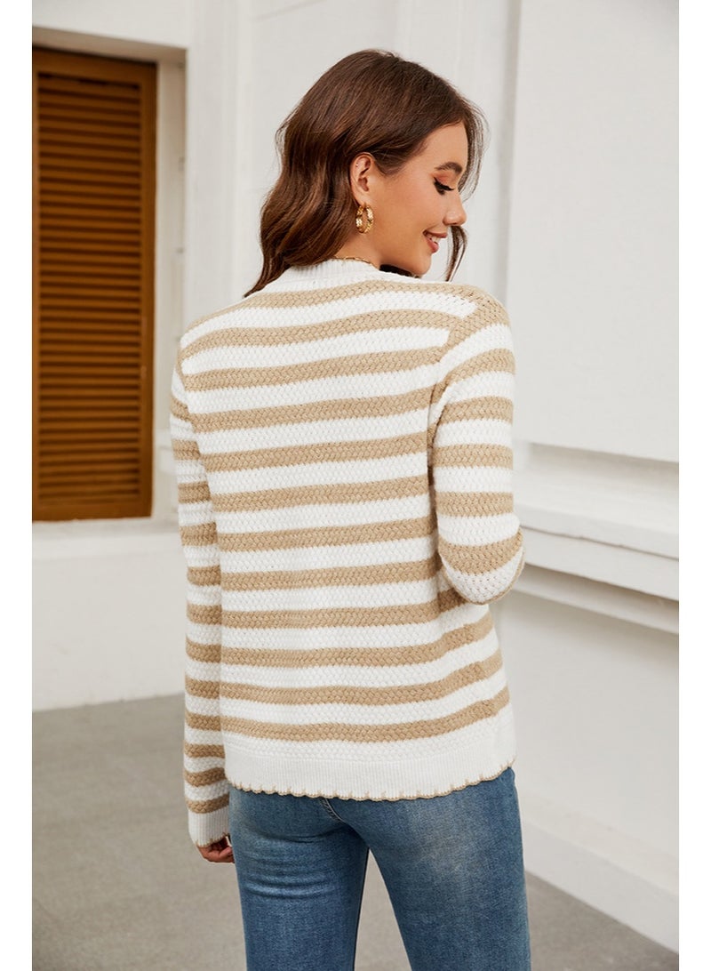 NIBEMINENT Autumn Long Sleeved Sweater Cardigan Women's Round Neck Pullover Casual Loose Striped Lazy Style Sweater Jacket - Image 3