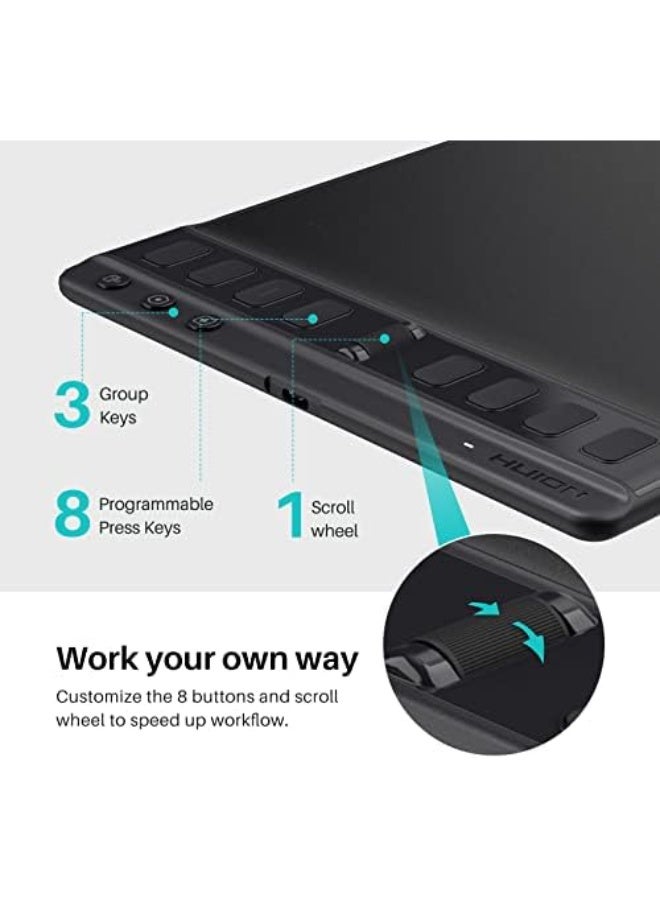 HUION Inspiroy 2 Medium Drawing Tablet, 9×5 Inch Graphics Tablet with Battery-Free Stylus, Scroll Wheel & 8 Customizable Keys Black - Image 4