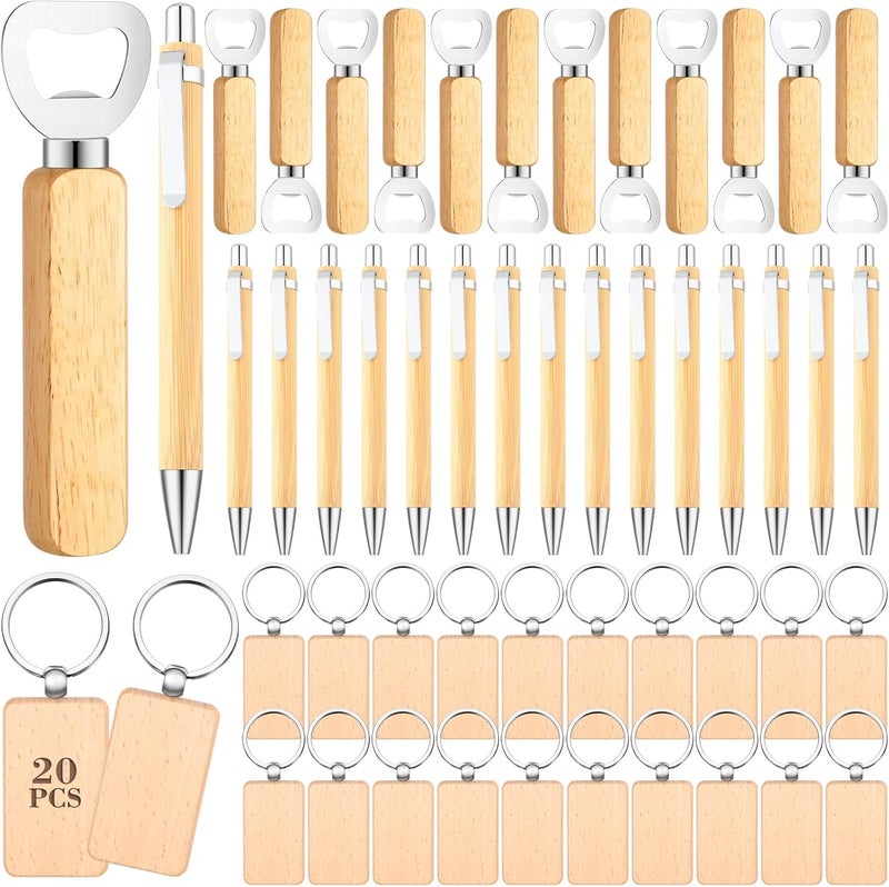 SiliFine 60 Pcs Laser Blanks Product Laser Engraving Material Kit Including DIY Wooden Blank Bottle Opener, Wooden Keychain, and Bamboo Pen for Kitchen Wedding Party Bar Home Craft - Image 1